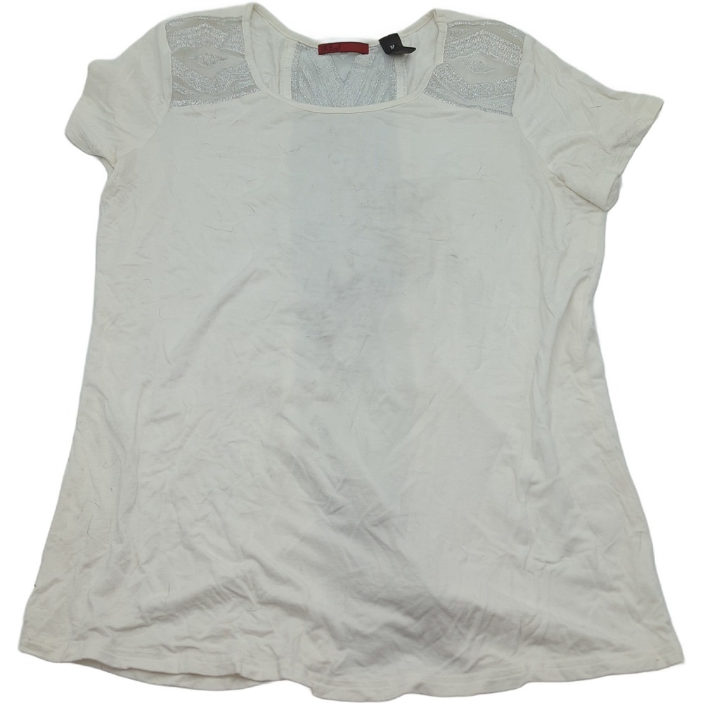 BKE Red Womens Medium White Silver Metallic Mesh Back Short Sleeve Top BRD14248S